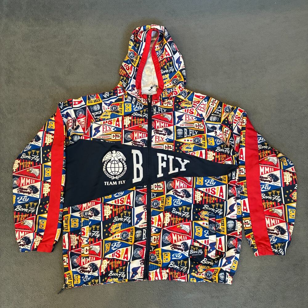 Born Fly Red Black Anytown USA Graphic Full Zip Windbreaker Jacket Mens Size 3XL